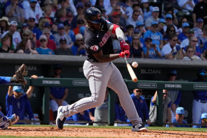 Mar 3, 2024; Mesa, Arizona, USA; Cleveland Guardians outfielder Jhonkensy Noel (78) hits a single against the Chicago Cubs in the third inning at Sloan Park.